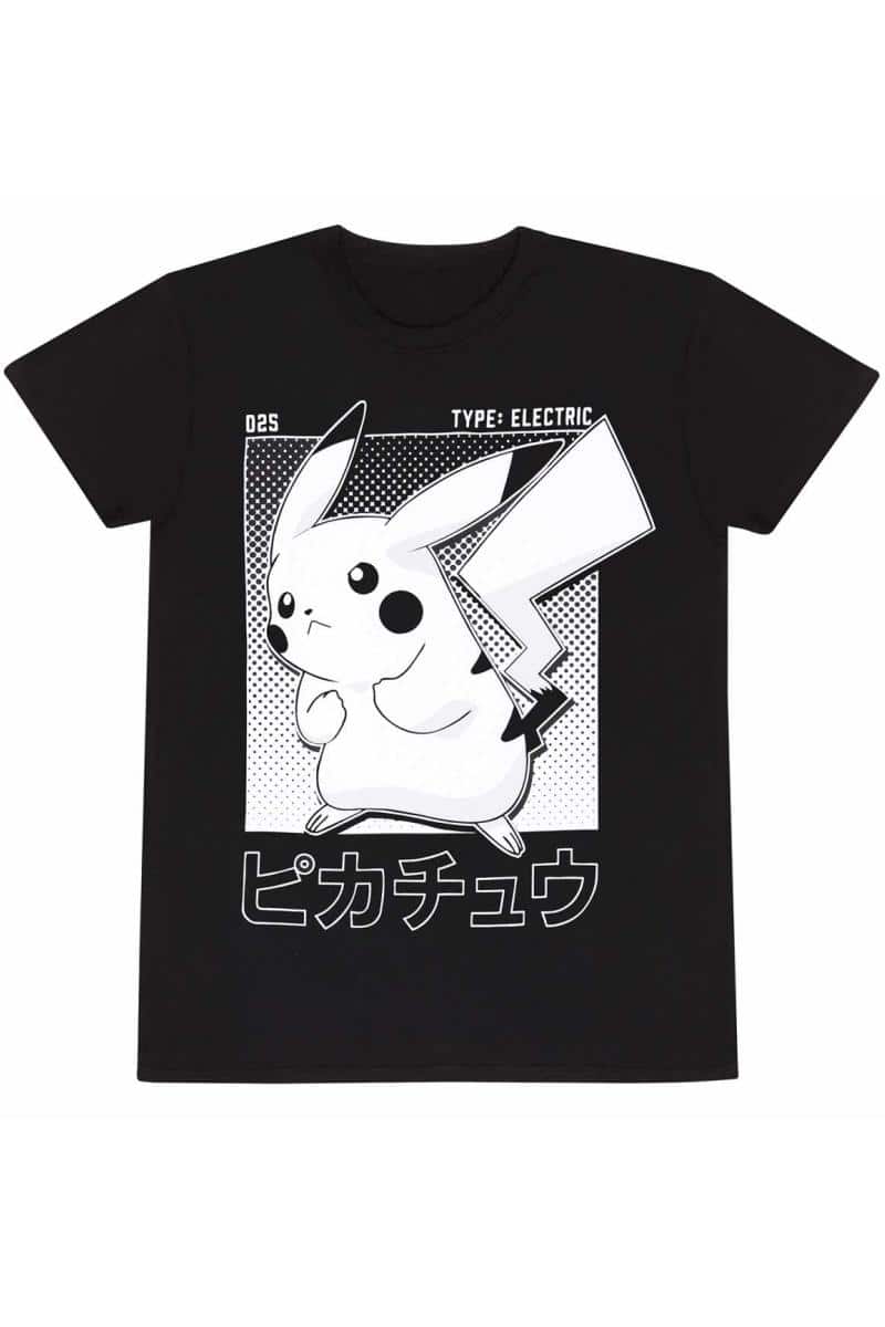 Sort T Shirt med Pikachu og Japanske Tegn