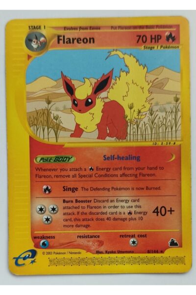 Flareon Pokémon-kort nummer 8/144 fra sættet Skyridge, illustreret af Kyoko Umemoto