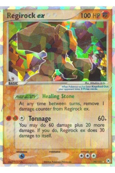 Regirock ex 98/101 Rare Holo EX kort fra Hidden Legends, illustreret af Mitsuhiro Arita