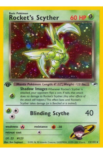 Rocket's Scyther, Rare Holo Pokémon-kort fra Gym Heroes, nummer 13/132