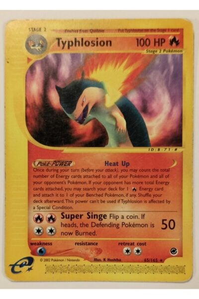 Typhlosion Pokémon-kort nummer 65/165 fra Expedition Base Set, illustreret af K. Hoshiba