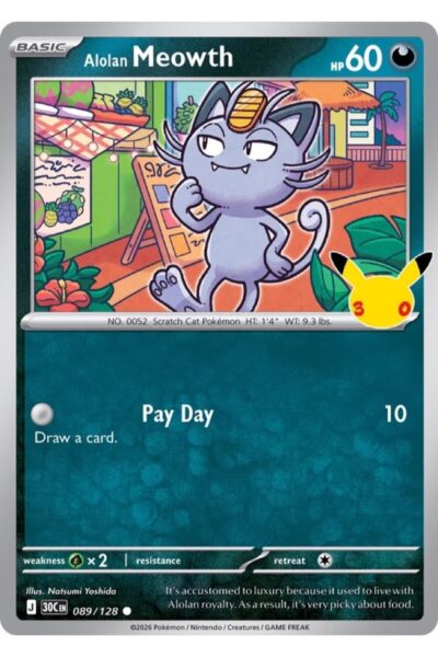 Alolan Meowth 89/128 Common fra 30th Celebration, illustreret af Natsumi Yoshida