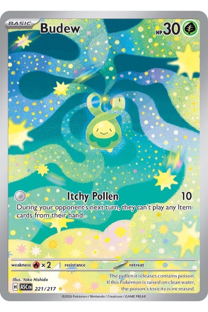 Budew 221/217 Illustration Rare fra Ascended Heroes, illustreret af Yoko Hishida