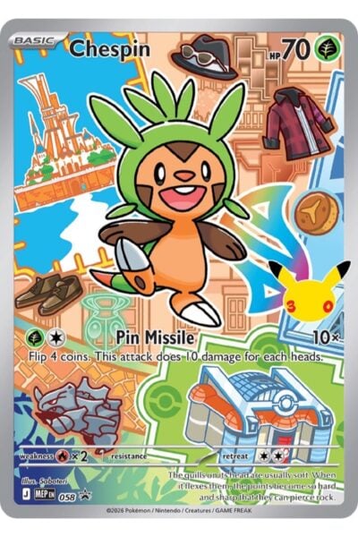 Chespin nummer 58 fra Mega Evolution Black Star Promos, illustreret af Saboteri