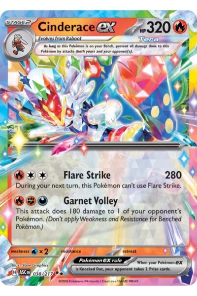 Cinderace ex 38/217 fra Ascended Heroes, Double Rare Pokémon-kort med Tera-design