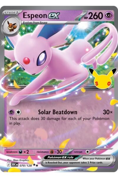 Espeon ex 70/128 fra 30th Celebration, Psychic-kort med 260 HP og angrebet Solar Beatdown