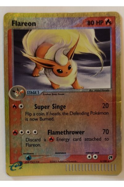 Flareon 5/100 Rare Holo fra Sandstorm, illustreret af Midori Harada