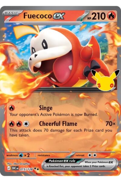 Fuecoco ex, Fire-type Pokémon-kort nummer 15/128 fra sættet 30th Celebration