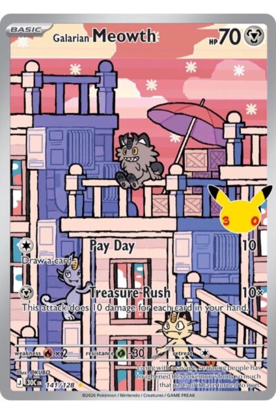 Galarian Meowth 141/128 Illustration Rare fra 30th Celebration, illustreret af OKUBO