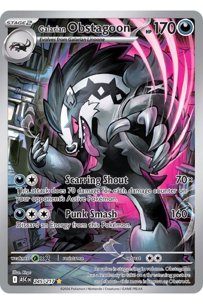 Galarian Obstagoon 245/217 Illustration Rare fra Ascended Heroes med illustration af Krgc