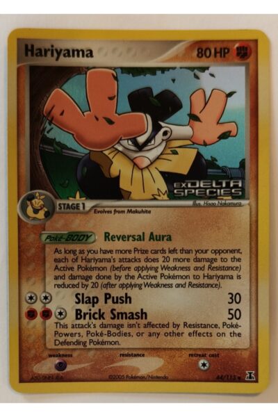 Hariyama 44/113 Uncommon fra Delta Species, Pokémon TCG kort med Fighting-type illustration af Hisao Nakamura.