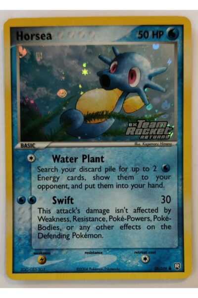 Horsea 58/109 Common fra Team Rocket Returns, Water-type Pokémon-kort med illustration af Kagemaru Himeno