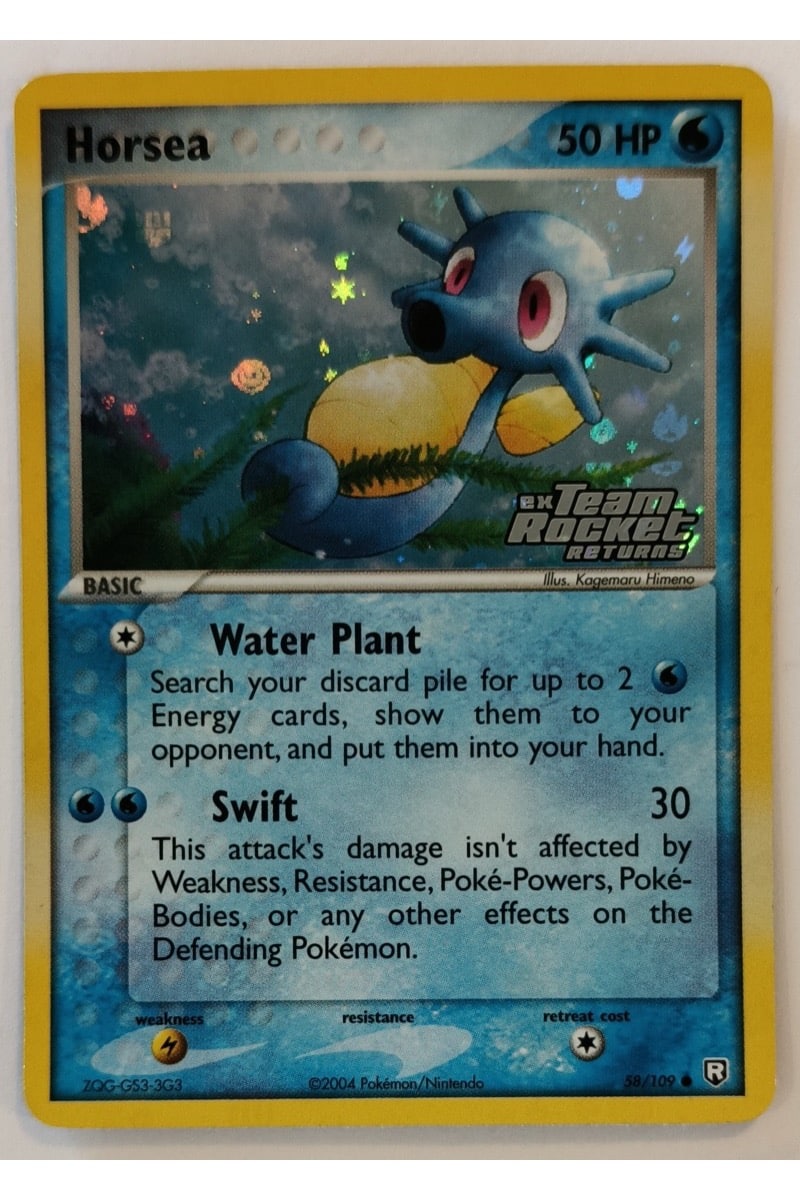 Horsea 58/109 Common fra Team Rocket Returns, Water-type Pokémon-kort med illustration af Kagemaru Himeno
