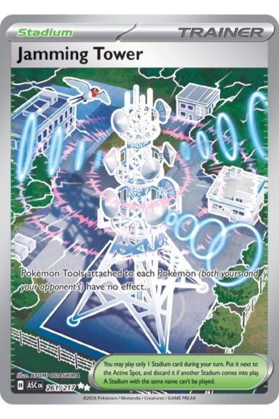 Jamming Tower, Stadium Trainer-kort nummer 261/217 fra Ascended Heroes, Ultra Rare