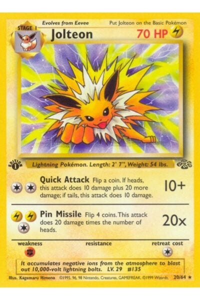 Jolteon 20/64 Rare fra Pokémon TCG-sættet Jungle, illustreret af Kagemaru Himeno
