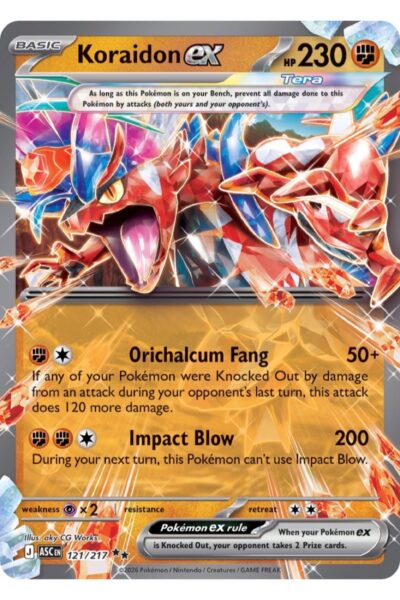 Koraidon ex 121/217 Double Rare fra Ascended Heroes, Fighting-type Pokémon-kort med illustration af aky CG Works