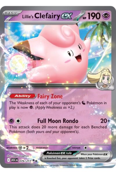 Lillie's Clefairy ex, Pokémon-kort nummer 76/217 fra Ascended Heroes, med illustration af Lillie og Clefairy
