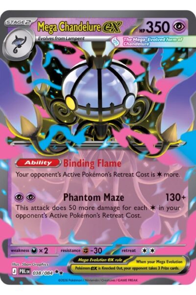 Mega Chandelure ex kort nummer 38/84 fra Pitch Black, Double Rare med Psychic-illustration af 5ban Graphics.