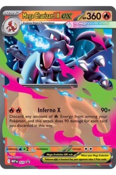 Mega Charizard X ex, nummer 29 fra Mega Evolution Black Star Promos, illustreret af takuyoa