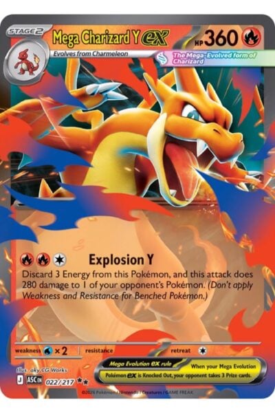 Mega Charizard Y ex, kort nummer 22/217 fra Ascended Heroes, illustreret af aky CG Works