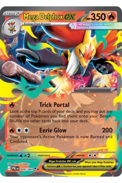 Mega Delphox ex 8/84 Double Rare fra Pitch Black, Mega Evolution-serien
