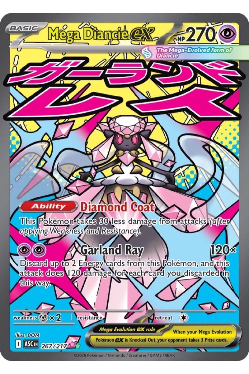 Mega Diancie ex kort fra Ascended Heroes med angrebet Garland Ray