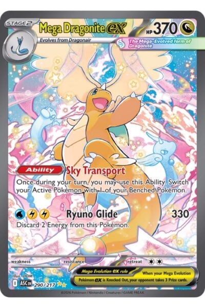 Mega Dragonite ex 290/217, Special Illustration Rare fra Ascended Heroes, illustreret af DOM