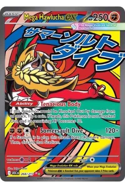 Mega Hawlucha ex, kort nummer 268/217 fra Ascended Heroes, illustreret af Taiga Kasai
