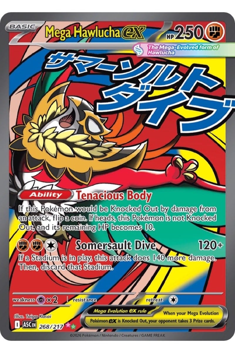 Mega Hawlucha ex, kort nummer 268/217 fra Ascended Heroes, illustreret af Taiga Kasai