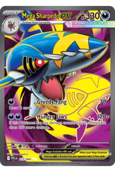 Mega Sharpedo ex, Ultra Rare kort nummer 113/94 fra Phantasmal Flames, illustreret af 5ban Graphics
