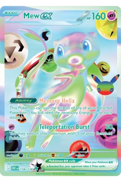 Mew ex 158/128 Futuristic Rare fra 30th Celebration med illustration af YOSHIROTTEN