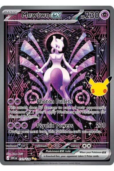 Mewtwo ex 151/128 Special Illustration Rare fra 30th Celebration, illustreret af Yano Keiji