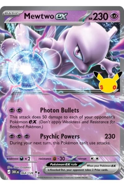 Mewtwo ex kort, nummer 64/128, Double Rare fra 30th Celebration