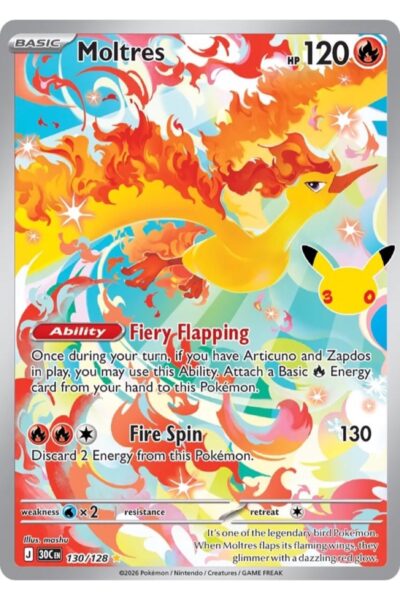 Moltres 130/128 Illustration Rare fra 30th Celebration, illustreret af mashu