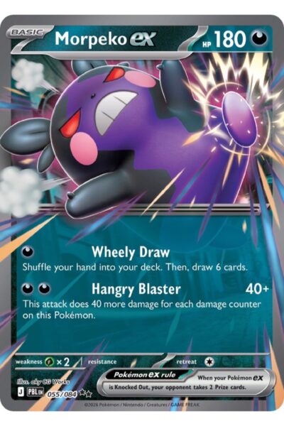 Morpeko ex 55/84 fra Pitch Black, Double Rare kort med Darkness-type, illustration af aky GG Works.