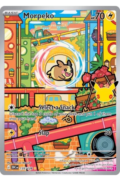 Morpeko 135/128 Illustration Rare fra 30th Celebration, illustreret af Yoshimi Miyoshi