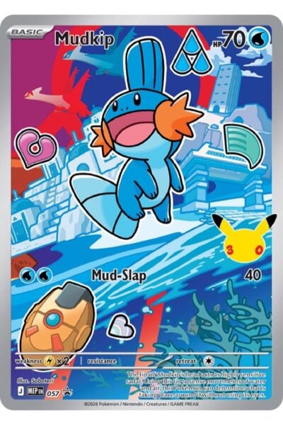 Mudkip nummer 57, Black Star Promo fra Mega Evolution-serien, illustreret af Saboteri