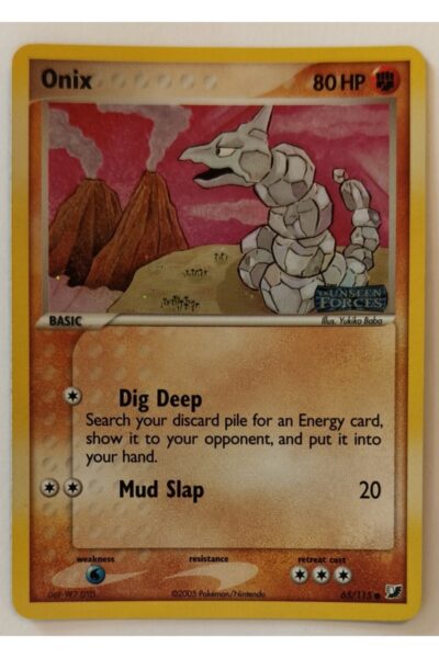 Onix Pokémon-kort nummer 65/115 fra sættet Unseen Forces, illustreret af Yukiko Baba.