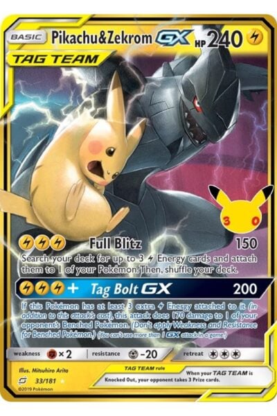 Pikachu & Zekrom-GX, nummer 33, Rare Holo GX fra 30th Celebration: Classic Collection