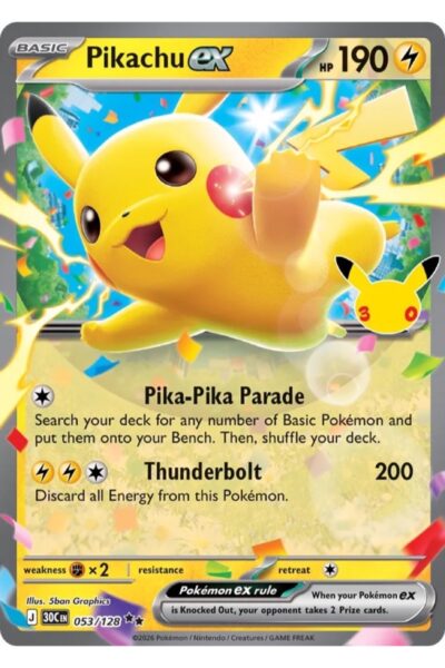 Pikachu ex 53/128 Double Rare fra 30th Celebration med illustration af 5ban Graphics