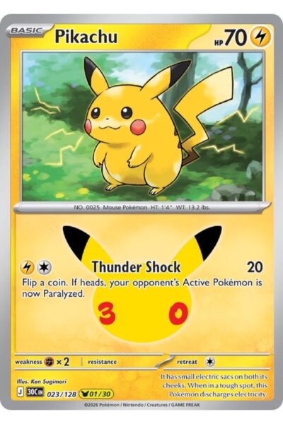 Pikachu Pokémon-kort, nummer 23/128, fra sættet 30th Celebration