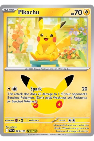 Pikachu-kort nummer 25/128 fra Pokémon TCG-sættet 30th Celebration, sjældenhed Pikachu Rare