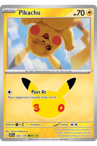 Pikachu kort 26/128 fra 30th Celebration med sjældenheden Pikachu Rare