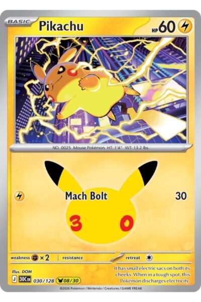 Pikachu 30/128 Pikachu Rare kort fra 30th Celebration