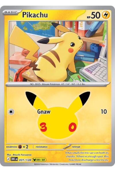 Pikachu 31/128 Pikachu Rare fra 30th Celebration, illustreret af Atsushi Furusawa
