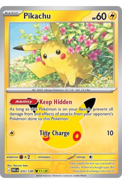 Pikachu 33/128 Pikachu Rare fra 30th Celebration, illustreret af Narumi Sato