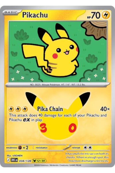 Pikachu 34/128 Pikachu Rare fra 30th Celebration, illustreret af USGMEN