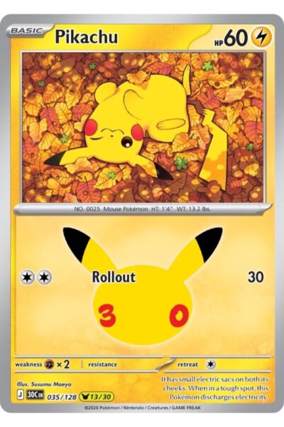 Pikachu 35/128 fra 30th Celebration, illustreret af Susumu Maeya
