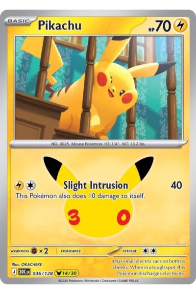 Pikachu 36/128, Pikachu Rare fra 30th Celebration, illustreret af OKACHEKE