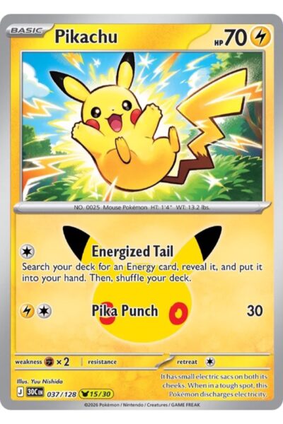 Pikachu 37/128 fra 30th Celebration, illustreret af Yuu Nishida